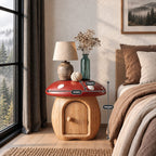 Round Cap Mushroom Nightstand with Arched Door, Painted Toadstool Top Solid Wood Bedside Table