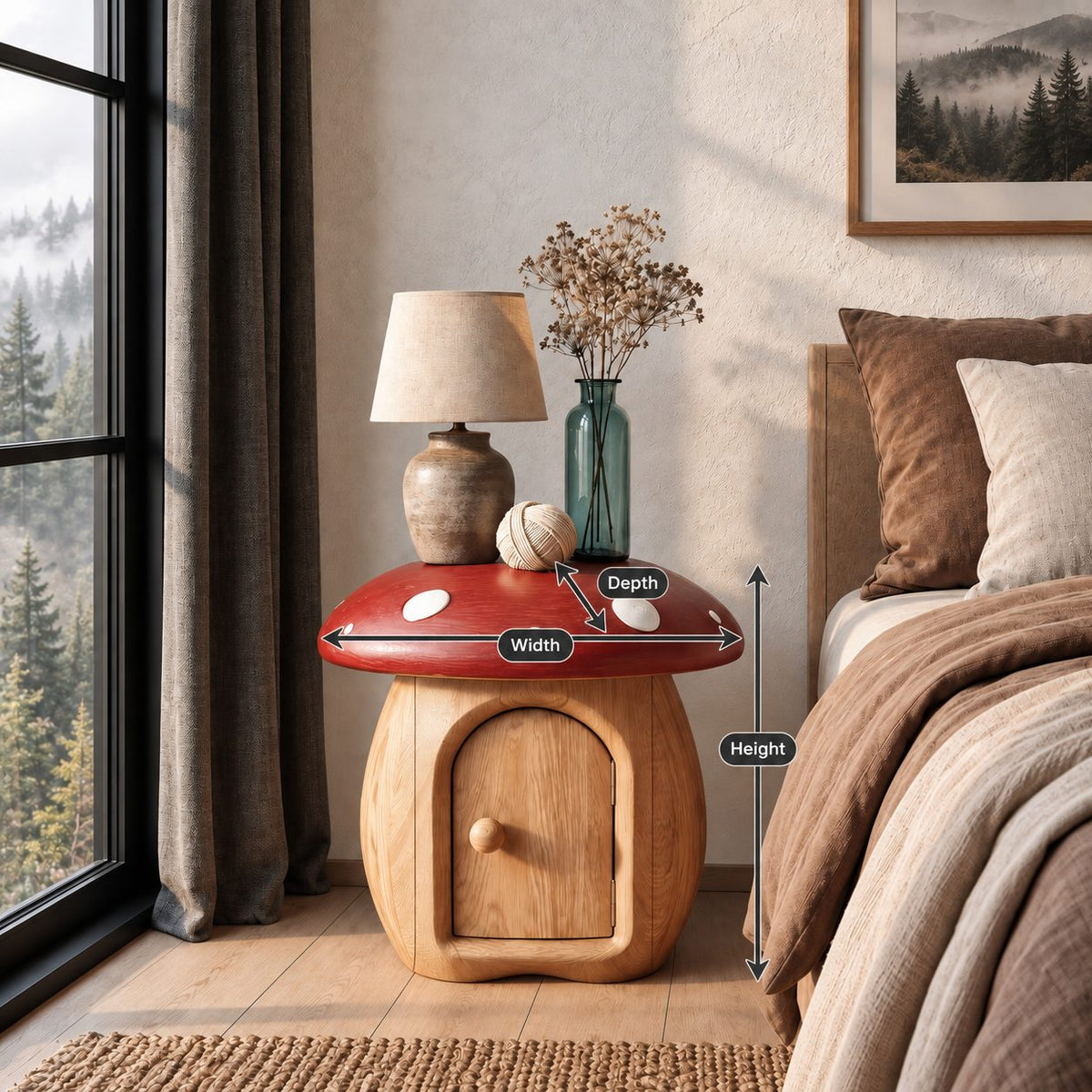 Round Cap Mushroom Nightstand with Arched Door, Painted Toadstool Top Solid Wood Bedside Table