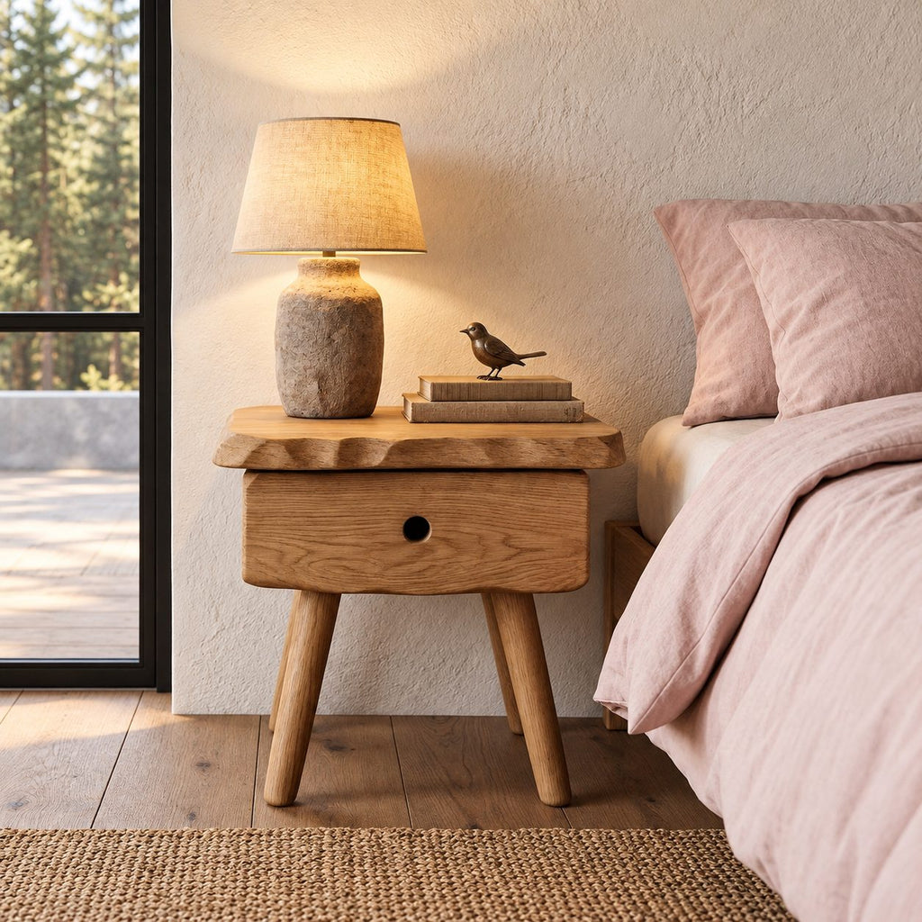 Splayed Leg Nightstand with Drawer, Live Edge Top Scandinavian Solid Wood Bedside Table