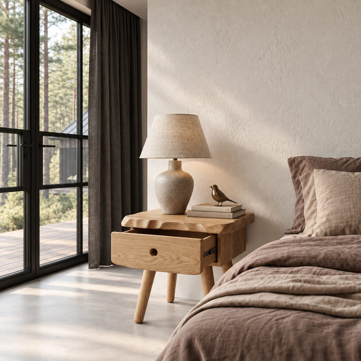 Splayed Leg Nightstand with Drawer, Live Edge Top Scandinavian Solid Wood Bedside Table