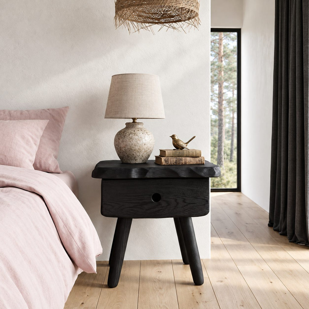 Splayed Leg Nightstand with Drawer, Live Edge Top Scandinavian Solid Wood Bedside Table