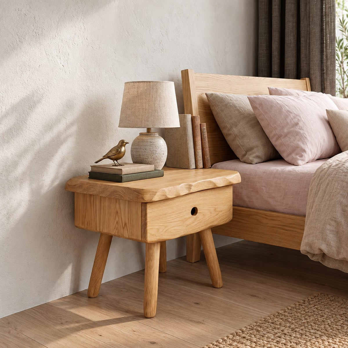 Splayed Leg Nightstand with Drawer, Live Edge Top Scandinavian Solid Wood Bedside Table