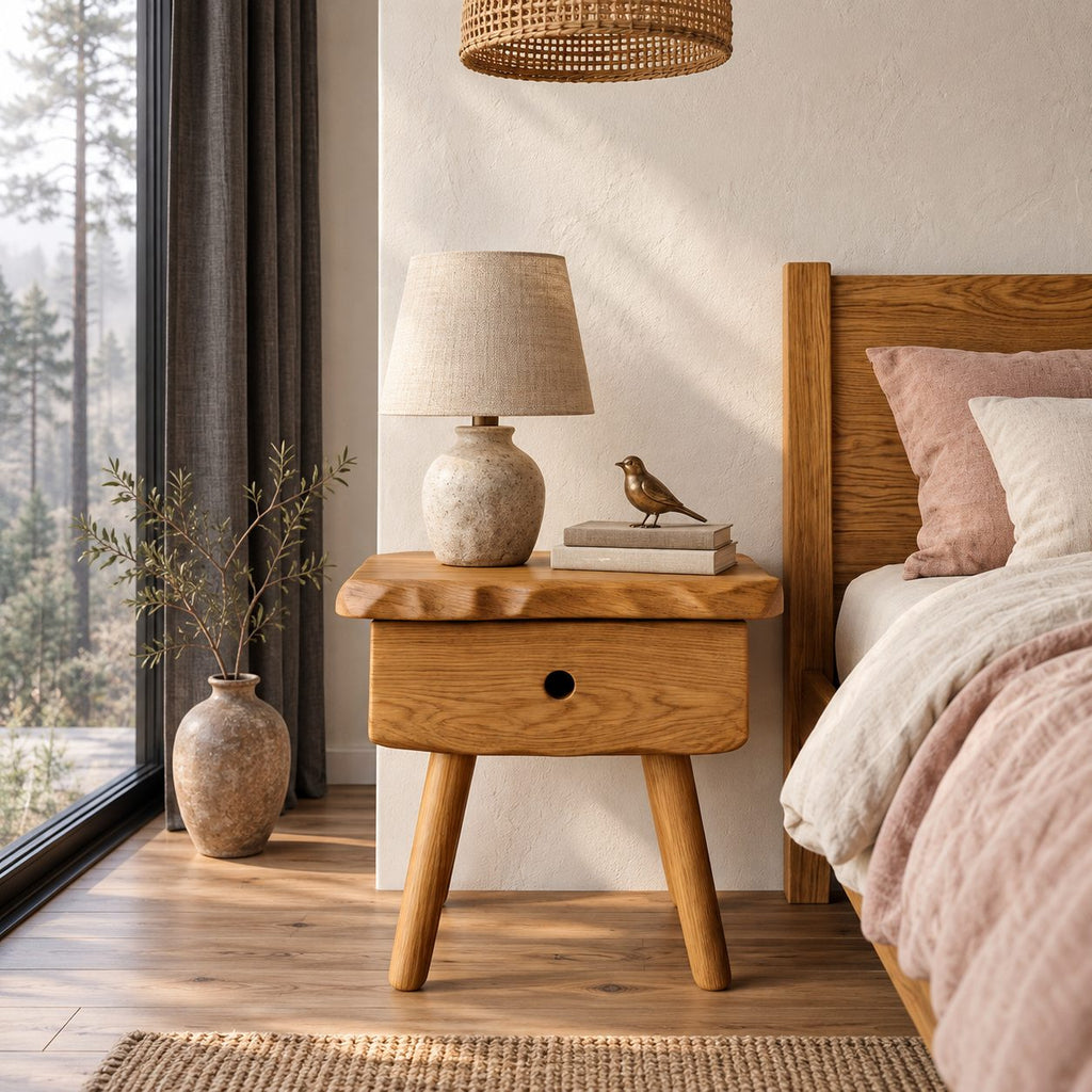 Splayed Leg Nightstand with Drawer, Live Edge Top Scandinavian Solid Wood Bedside Table