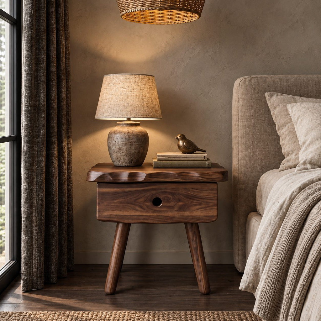 Splayed Leg Nightstand with Drawer, Live Edge Top Scandinavian Solid Wood Bedside Table