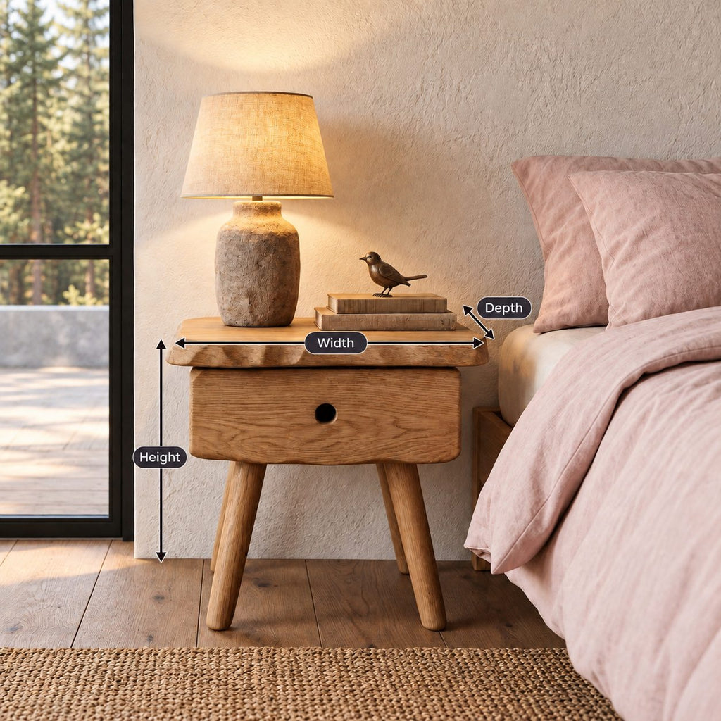 Splayed Leg Nightstand with Drawer, Live Edge Top Scandinavian Solid Wood Bedside Table