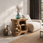 Carved Mushroom Cluster Nightstand, Hollow Trunk Solid Wood Side Table with Two Open Shelves