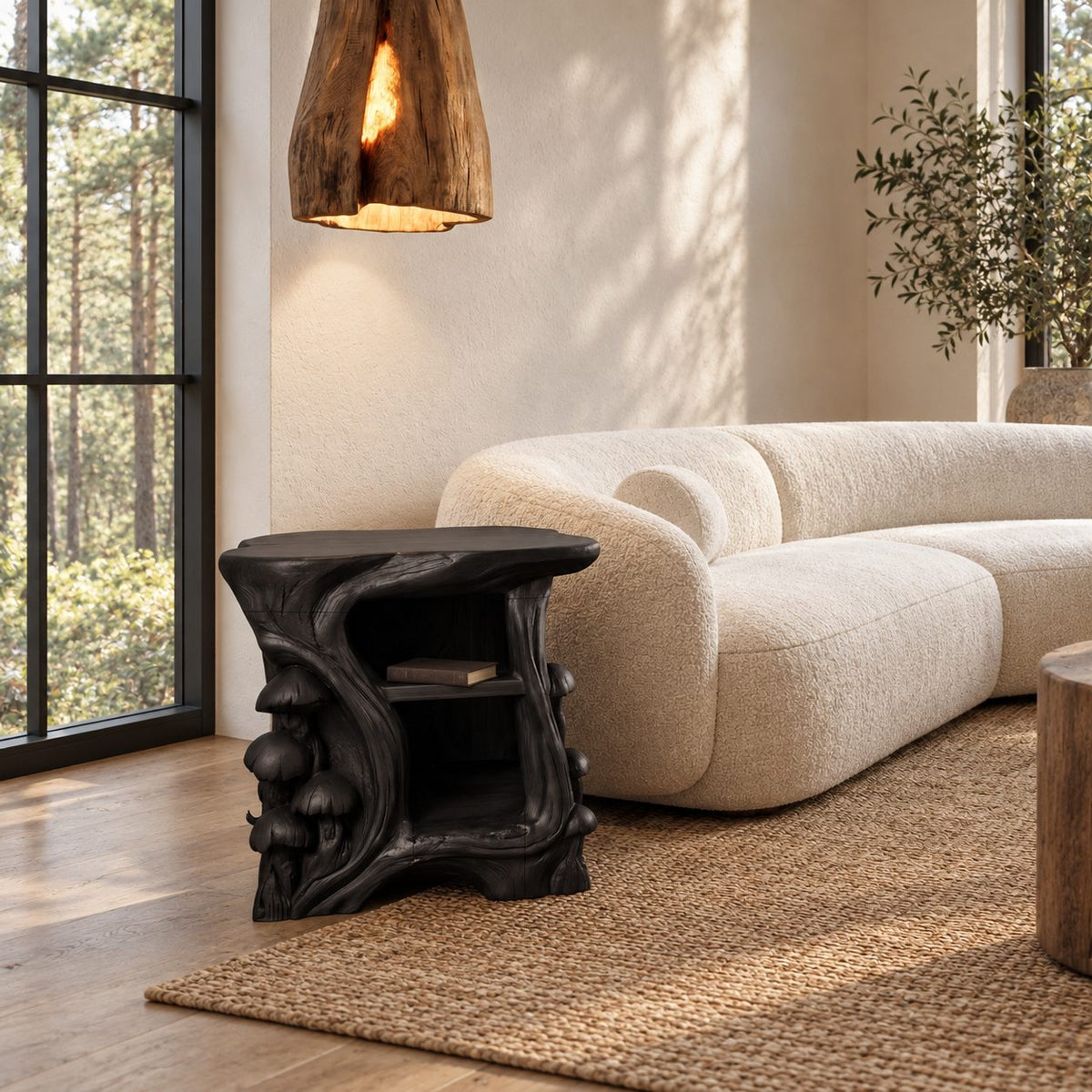 Carved Mushroom Cluster Nightstand, Hollow Trunk Solid Wood Side Table with Two Open Shelves