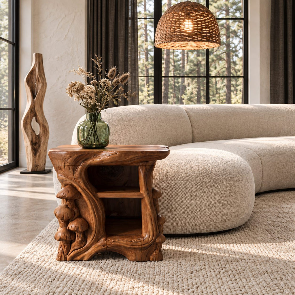 Carved Mushroom Cluster Nightstand, Hollow Trunk Solid Wood Side Table with Two Open Shelves