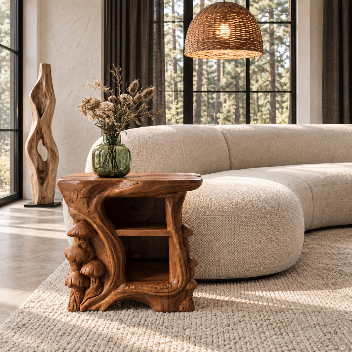 Carved Mushroom Cluster Nightstand, Hollow Trunk Solid Wood Side Table with Two Open Shelves