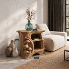 Carved Mushroom Cluster Nightstand, Hollow Trunk Solid Wood Side Table with Two Open Shelves