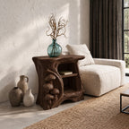 Carved Mushroom Cluster Nightstand, Hollow Trunk Solid Wood Side Table with Two Open Shelves