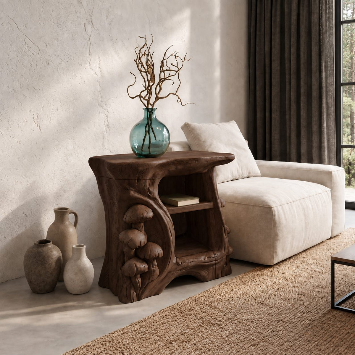 Carved Mushroom Cluster Nightstand, Hollow Trunk Solid Wood Side Table with Two Open Shelves