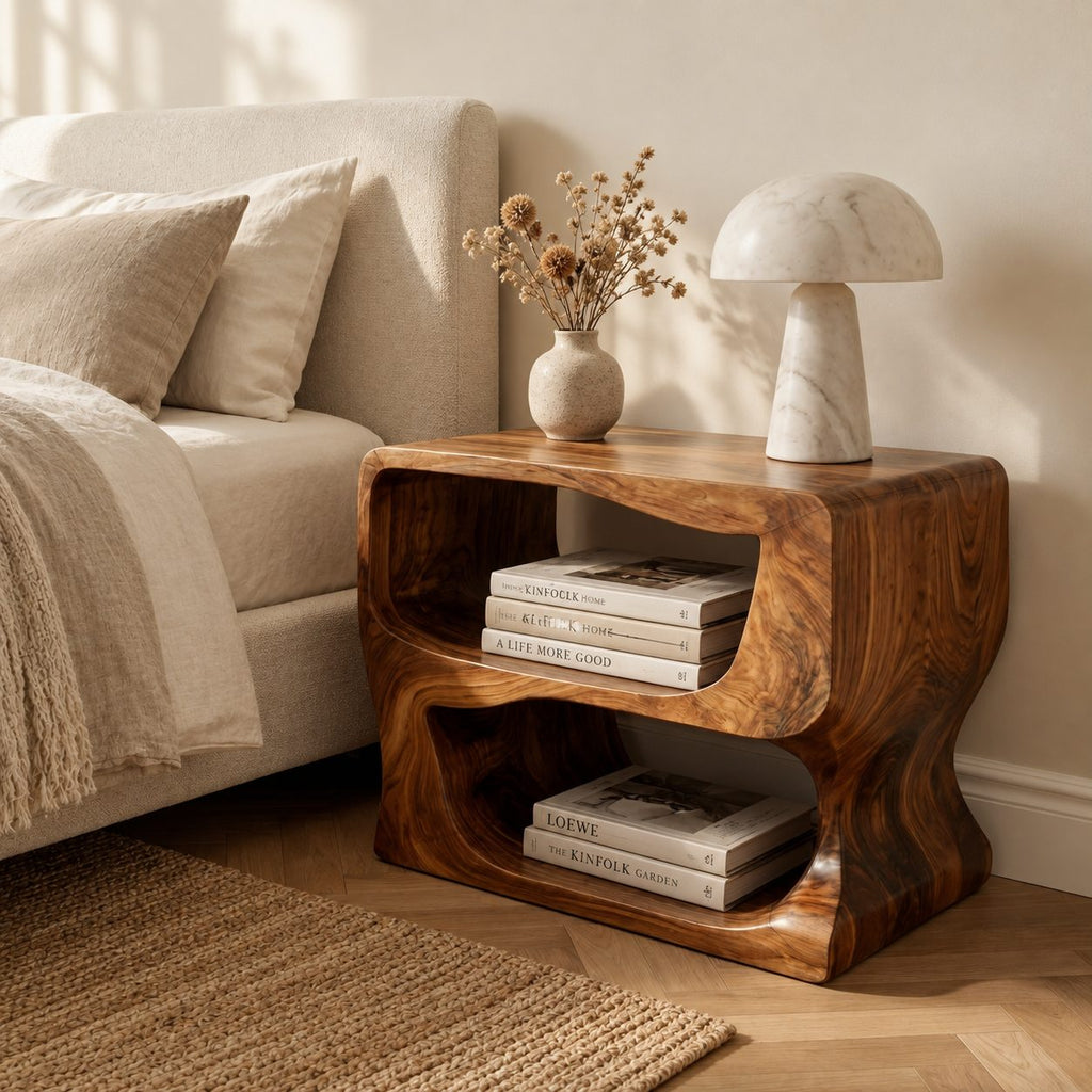 Wave Cutout Nightstand with Two Open Cubbies, Organic Modern Solid Wood Block Bedside Table