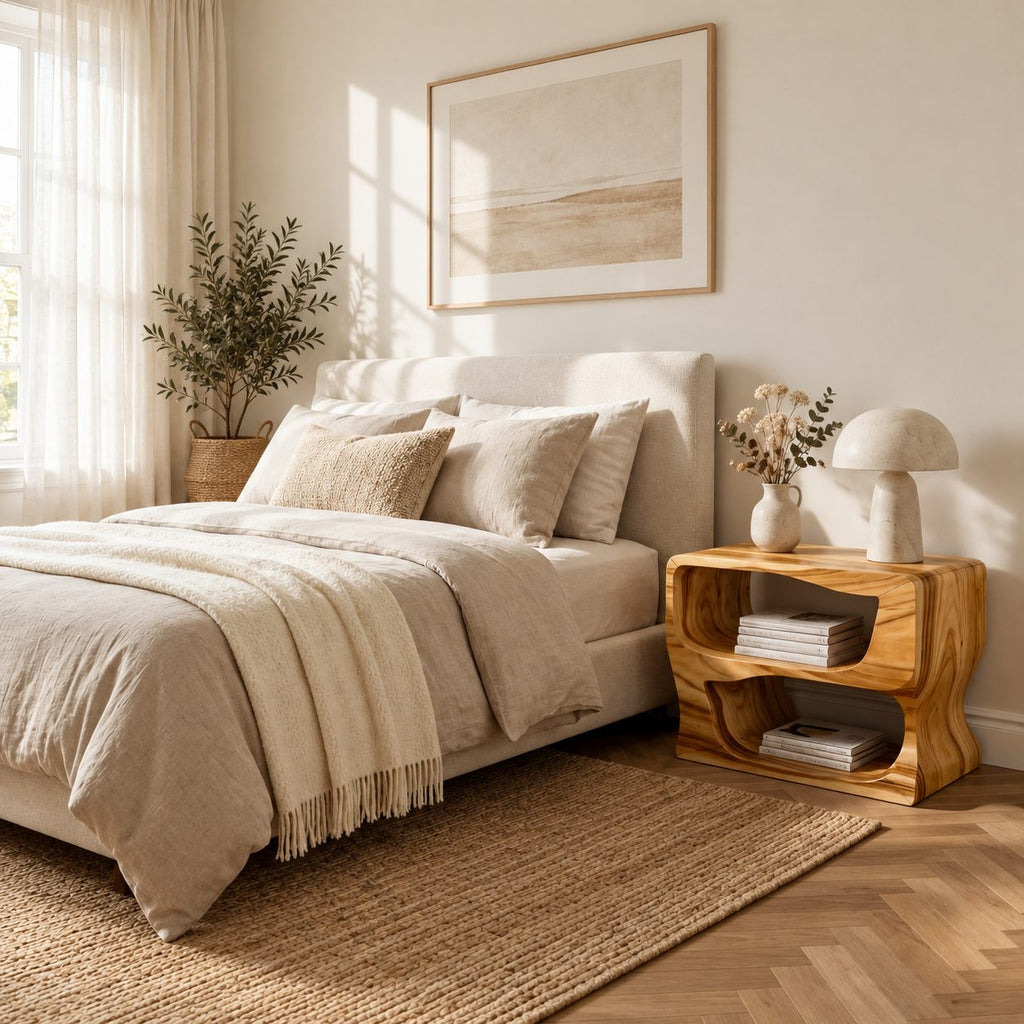 Wave Cutout Nightstand with Two Open Cubbies, Organic Modern Solid Wood Block Bedside Table