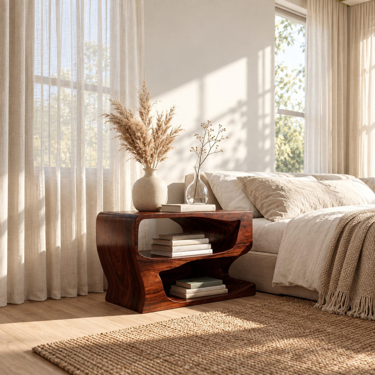 Wave Cutout Nightstand with Two Open Cubbies, Organic Modern Solid Wood Block Bedside Table