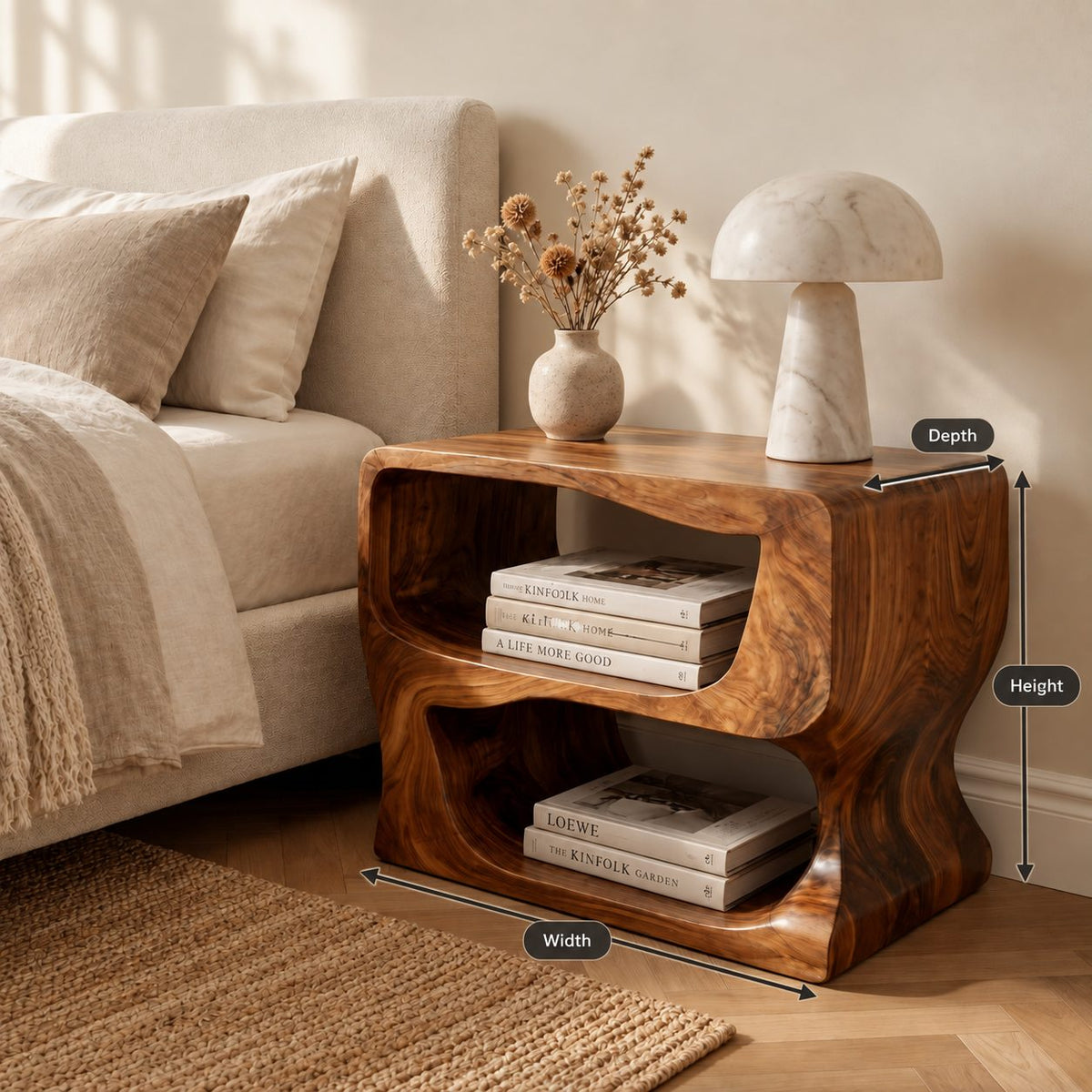 Wave Cutout Nightstand with Two Open Cubbies, Organic Modern Solid Wood Block Bedside Table