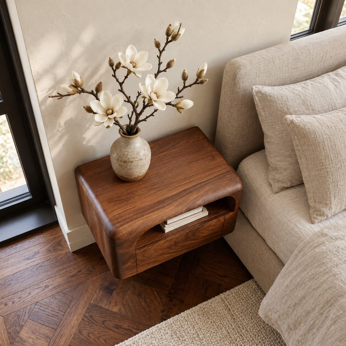 Rounded Box Floating Nightstand with Drawer and Arched Niche, Wall Mounted Solid Wood Bedside Shelf