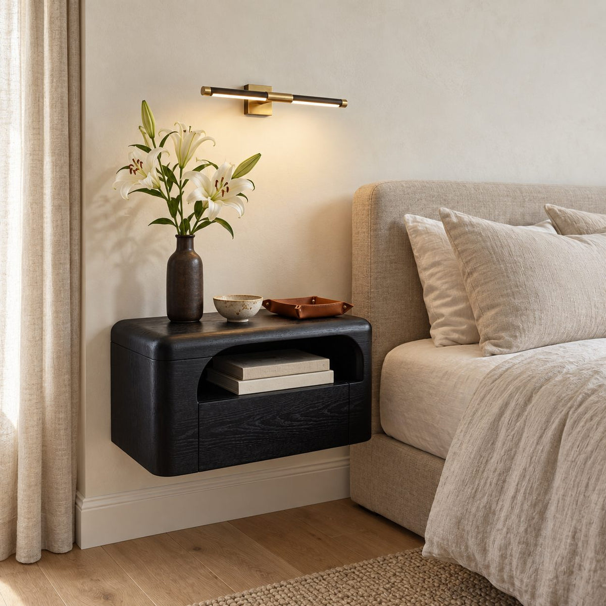 Rounded Box Floating Nightstand with Drawer and Arched Niche, Wall Mounted Solid Wood Bedside Shelf