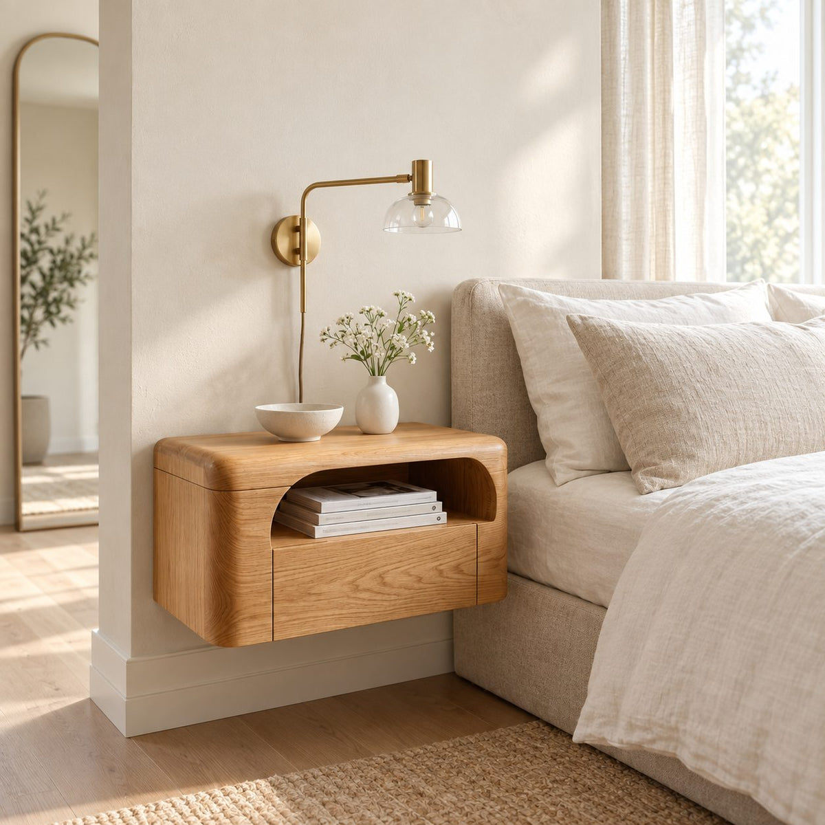 Rounded Box Floating Nightstand with Drawer and Arched Niche, Wall Mounted Solid Wood Bedside Shelf