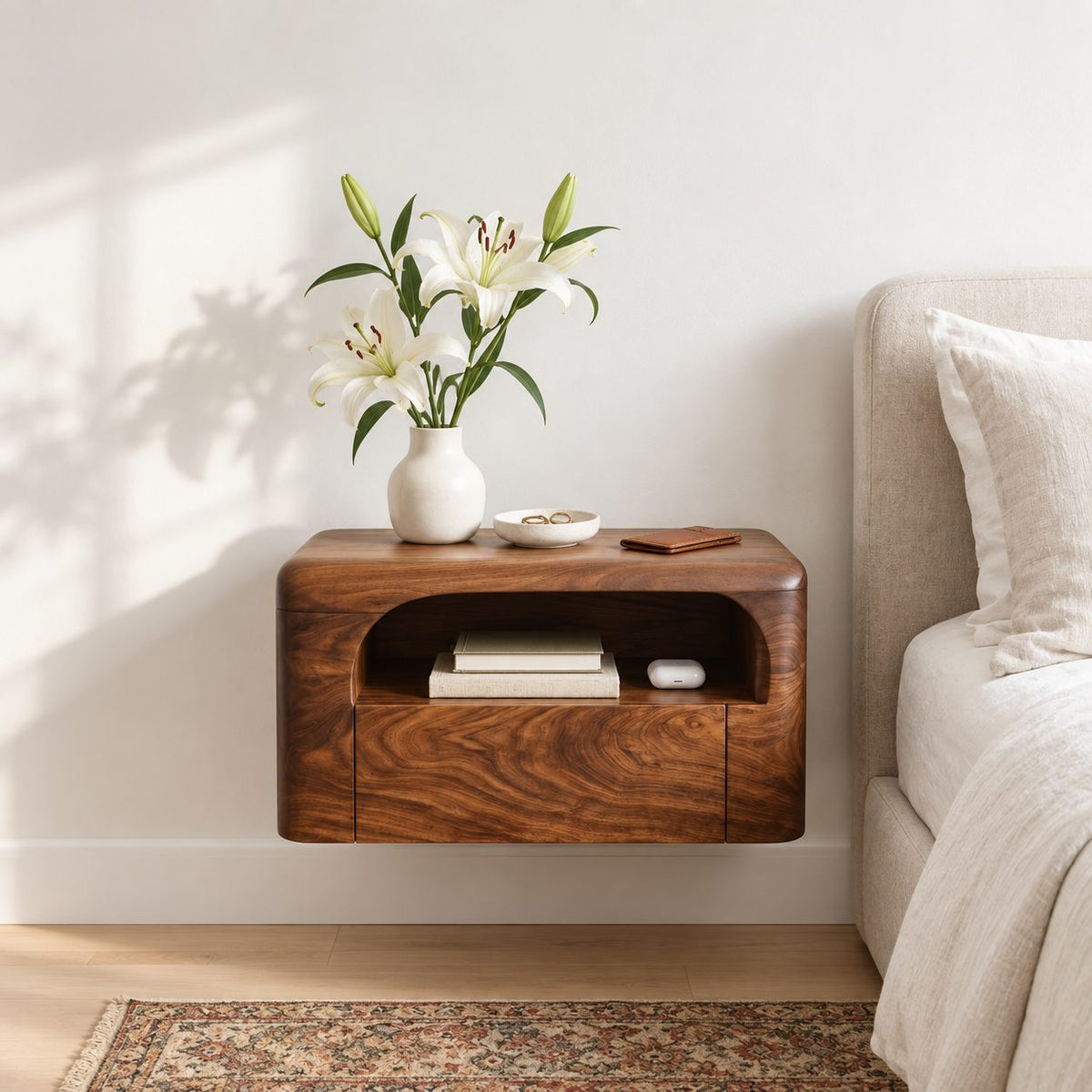 Rounded Box Floating Nightstand with Drawer and Arched Niche, Wall Mounted Solid Wood Bedside Shelf