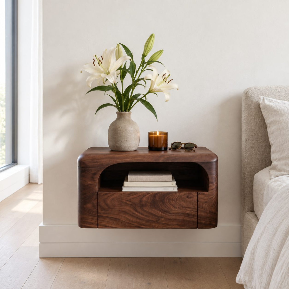 Rounded Box Floating Nightstand with Drawer and Arched Niche, Wall Mounted Solid Wood Bedside Shelf