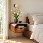 Waterfall Curve Floating Nightstand with Drawer and Open Shelf, Wall Mounted Solid Wood Bedside Shelf