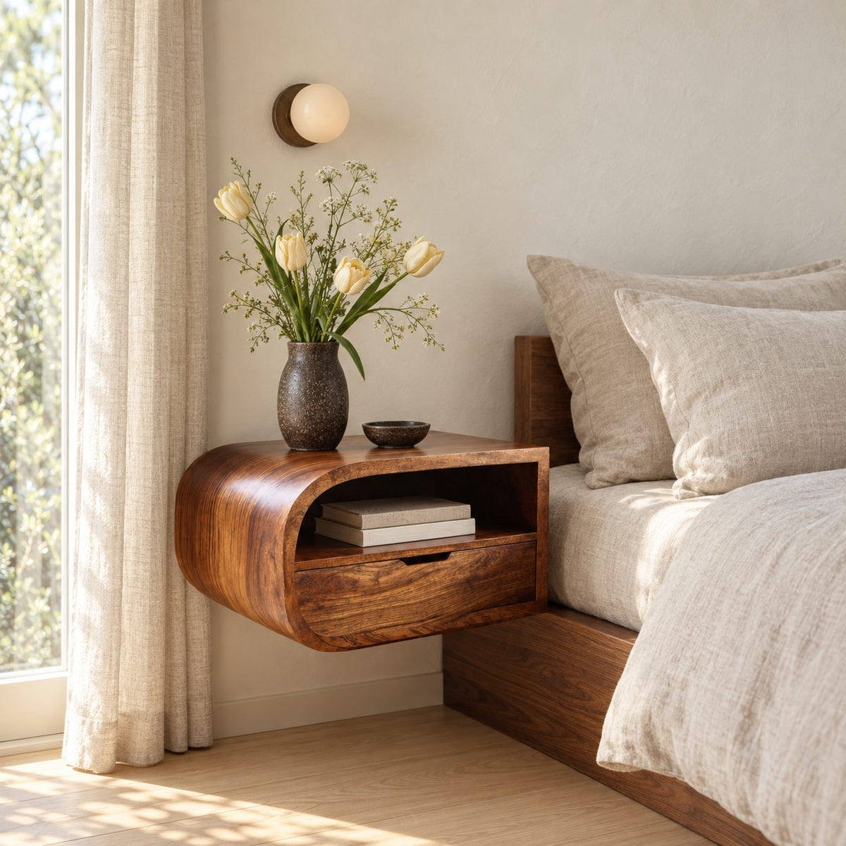 Waterfall Curve Floating Nightstand with Drawer and Open Shelf, Wall Mounted Solid Wood Bedside Shelf