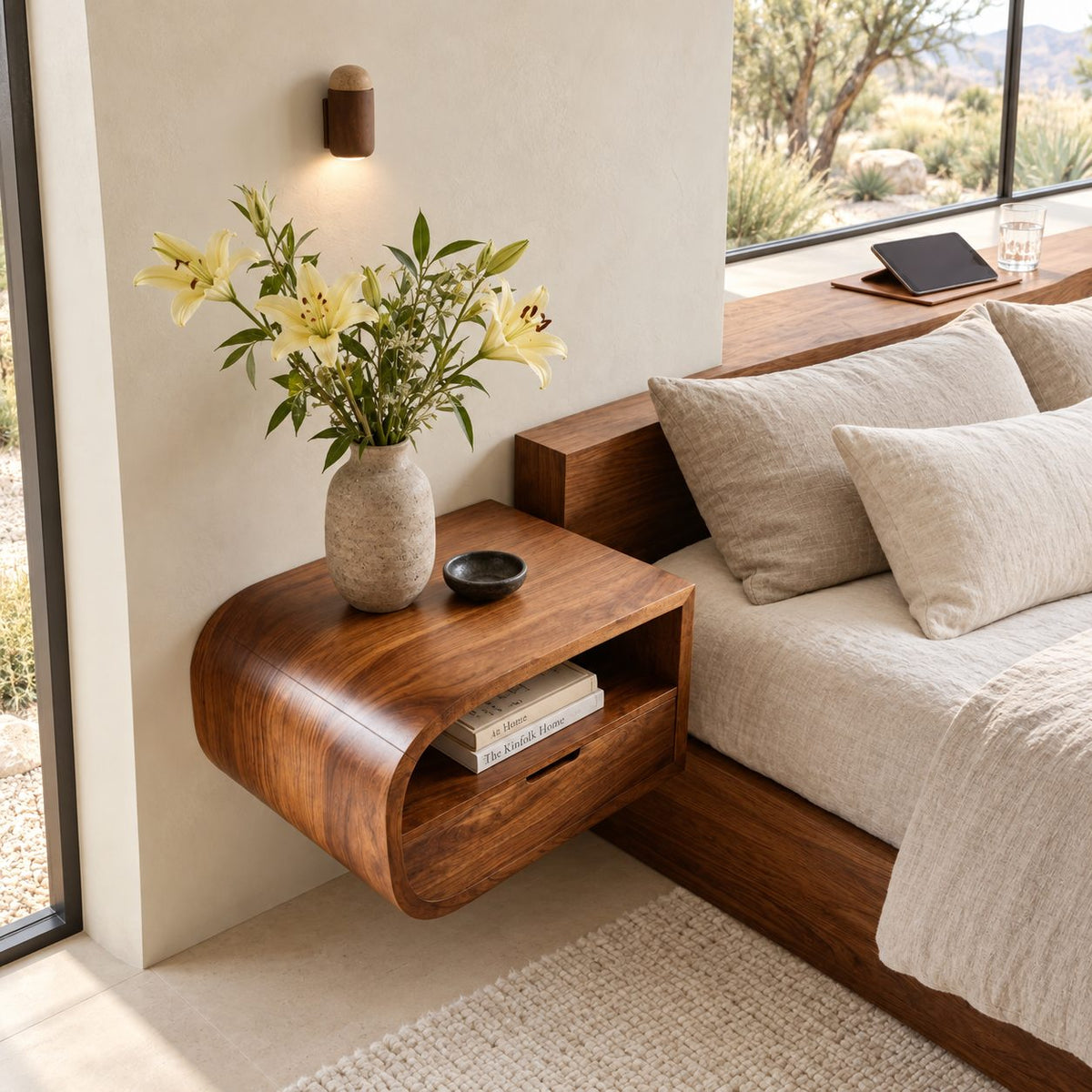 Waterfall Curve Floating Nightstand with Drawer and Open Shelf, Wall Mounted Solid Wood Bedside Shelf
