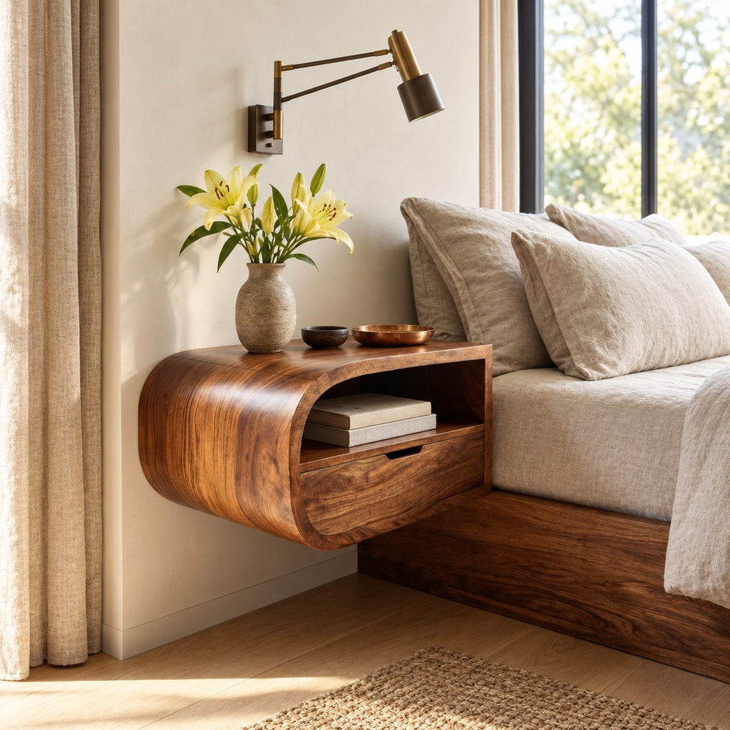 Waterfall Curve Floating Nightstand with Drawer and Open Shelf, Wall Mounted Solid Wood Bedside Shelf