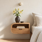 Waterfall Curve Floating Nightstand with Drawer and Open Shelf, Wall Mounted Solid Wood Bedside Shelf