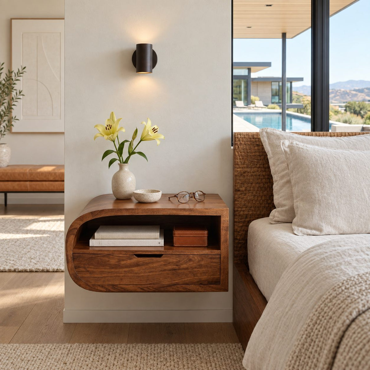 Waterfall Curve Floating Nightstand with Drawer and Open Shelf, Wall Mounted Solid Wood Bedside Shelf