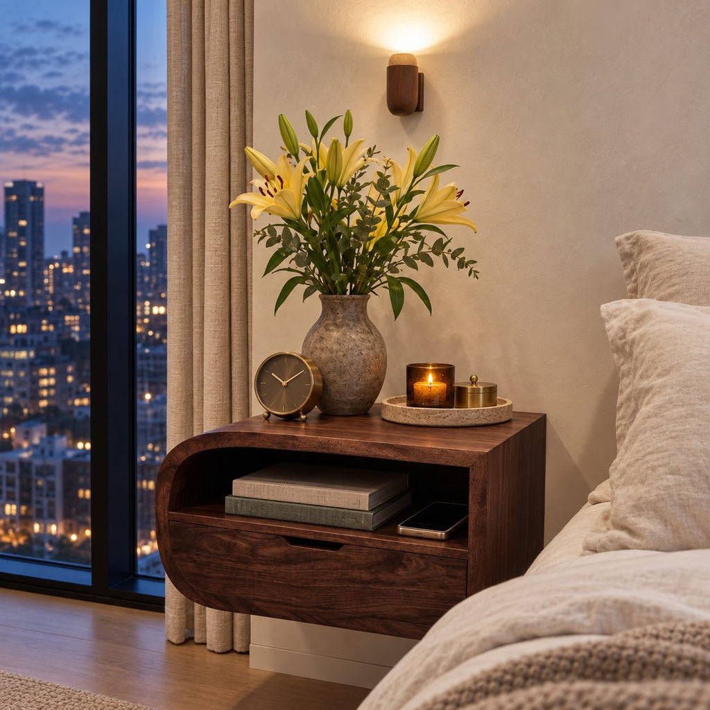 Waterfall Curve Floating Nightstand with Drawer and Open Shelf, Wall Mounted Solid Wood Bedside Shelf