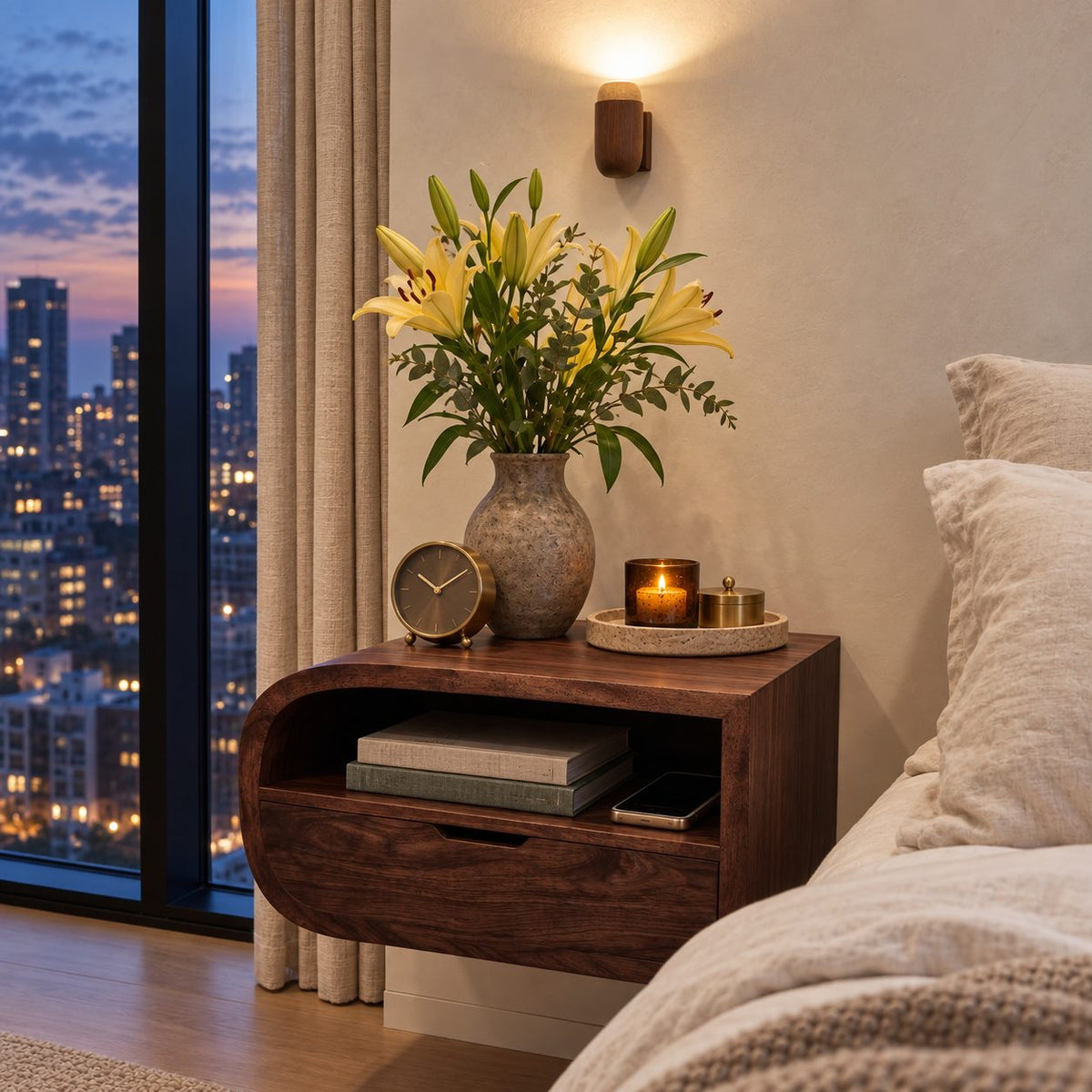 Waterfall Curve Floating Nightstand with Drawer and Open Shelf, Wall Mounted Solid Wood Bedside Shelf