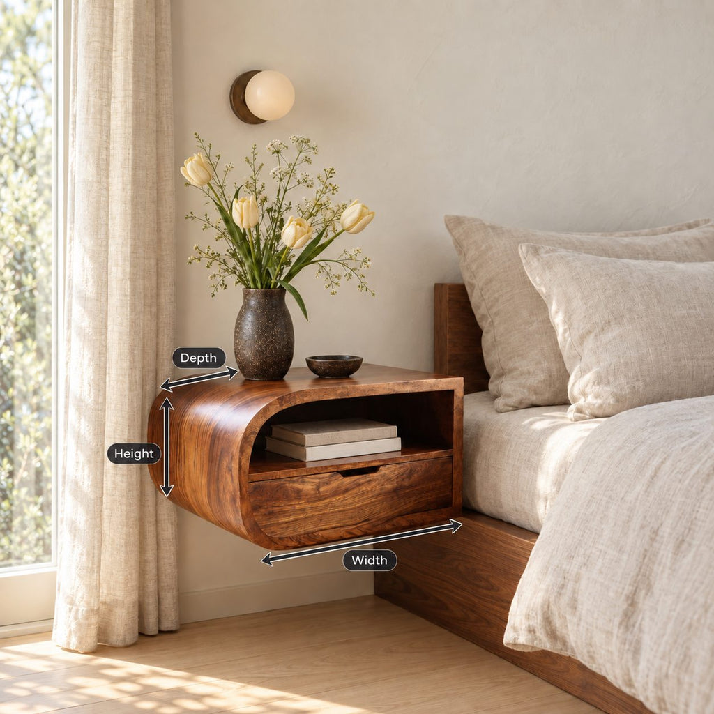 Waterfall Curve Floating Nightstand with Drawer and Open Shelf, Wall Mounted Solid Wood Bedside Shelf