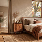 Ripple Carved Nightstand on Tapered Legs, Concentric Ring Front Solid Wood Bedside Cabinet