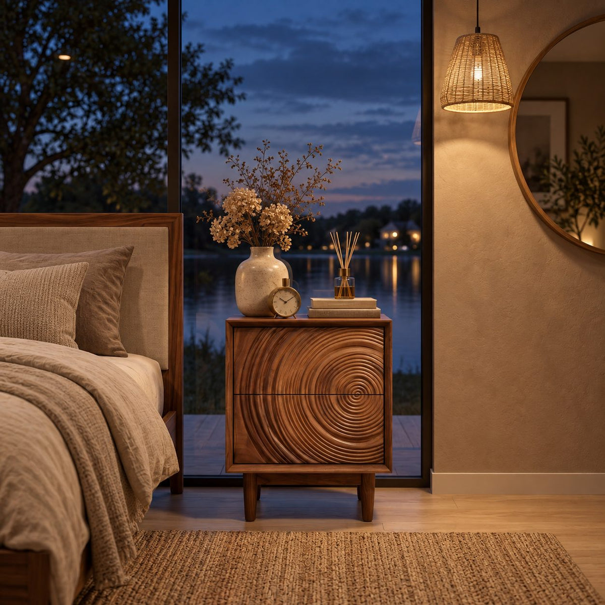 Ripple Carved Nightstand on Tapered Legs, Concentric Ring Front Solid Wood Bedside Cabinet