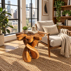 Twisted Double Strand Nightstand with Flower Shaped Top, Sculptural Solid Wood Bedside Table