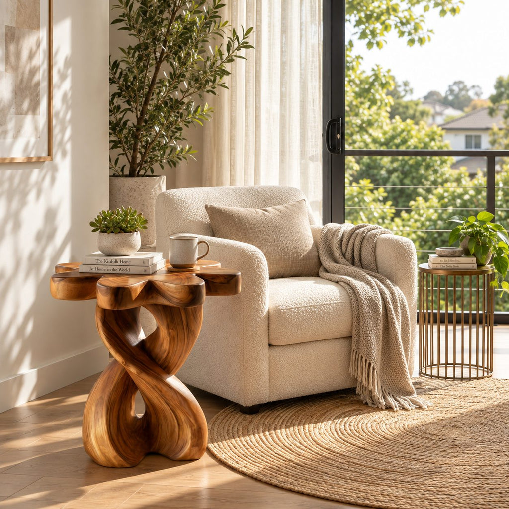 Twisted Double Strand Nightstand with Flower Shaped Top, Sculptural Solid Wood Bedside Table