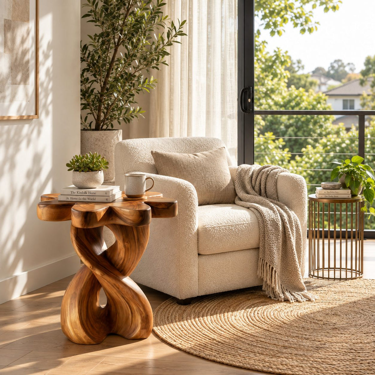 Twisted Double Strand Nightstand with Flower Shaped Top, Sculptural Solid Wood Bedside Table