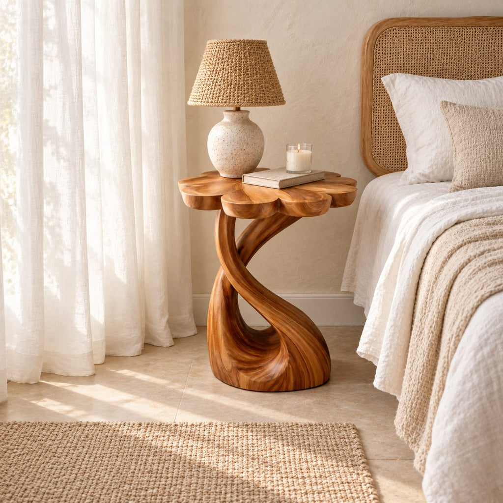 Swirl Pedestal Nightstand with Scalloped Flower Top, Sculptural Solid Wood Round Bedside Table
