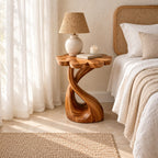 Swirl Pedestal Nightstand with Scalloped Flower Top, Sculptural Solid Wood Round Bedside Table