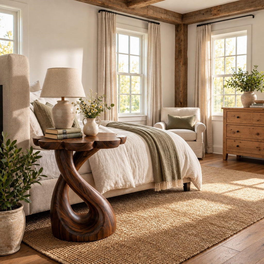 Swirl Pedestal Nightstand with Scalloped Flower Top, Sculptural Solid Wood Round Bedside Table