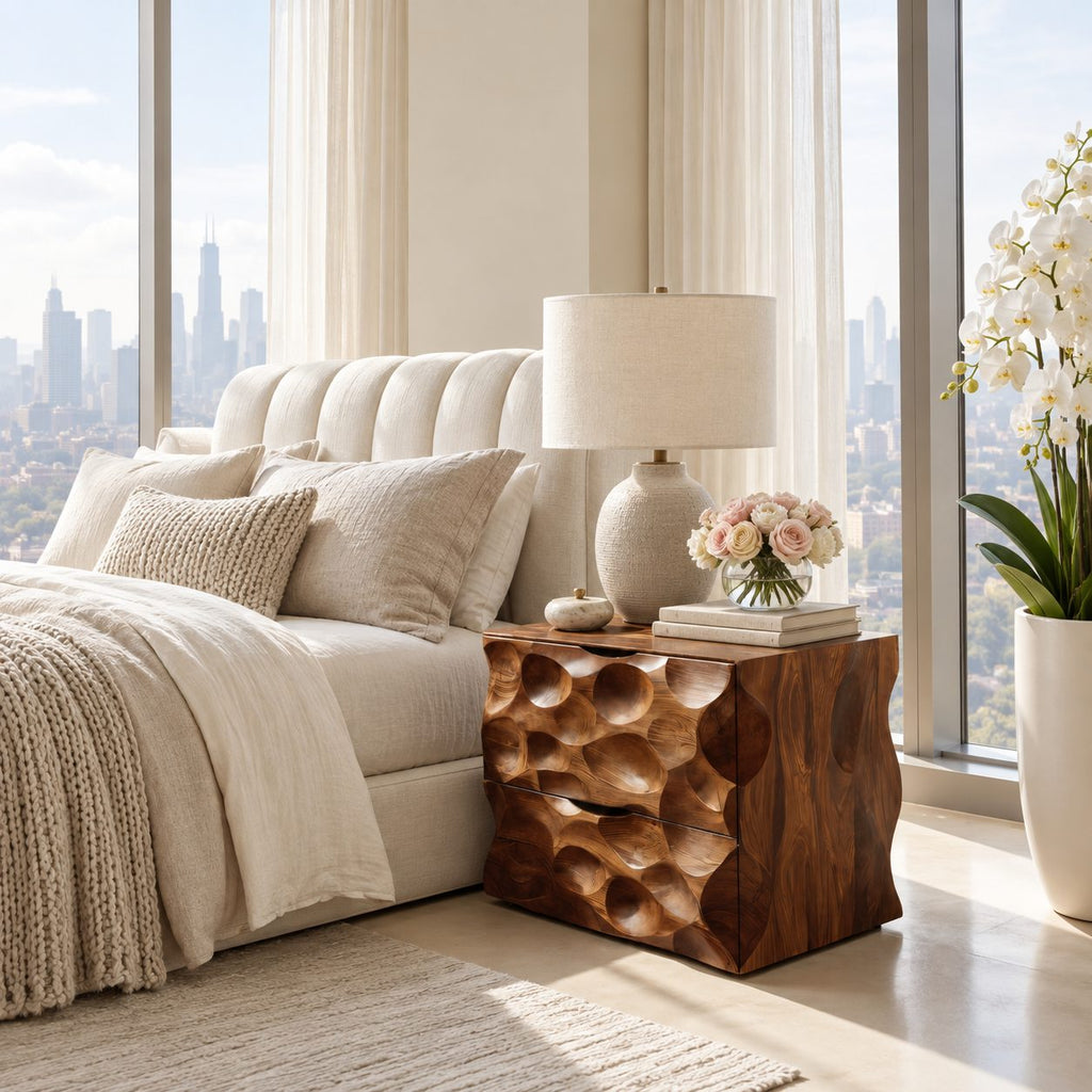 Scooped Carved Nightstand with Two Drawers, Dimpled Texture Solid Wood Bedside Chest