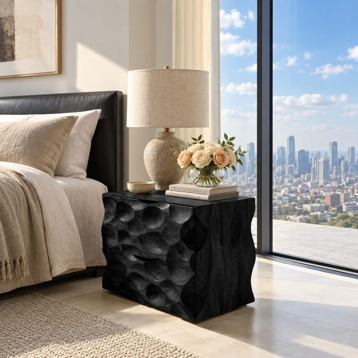Scooped Carved Nightstand with Two Drawers, Dimpled Texture Solid Wood Bedside Chest