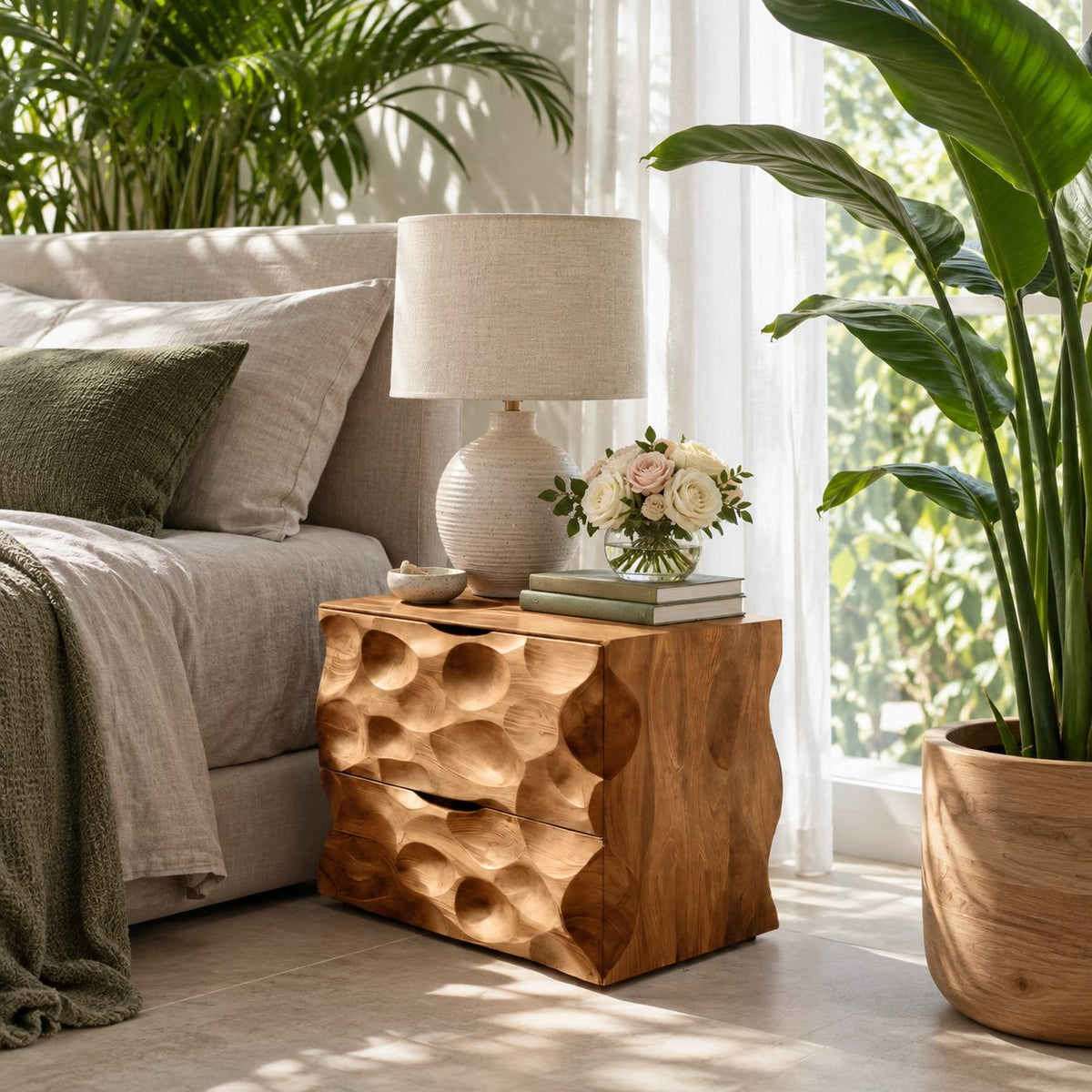 Scooped Carved Nightstand with Two Drawers, Dimpled Texture Solid Wood Bedside Chest