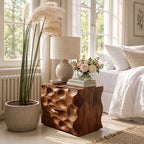 Scooped Carved Nightstand with Two Drawers, Dimpled Texture Solid Wood Bedside Chest