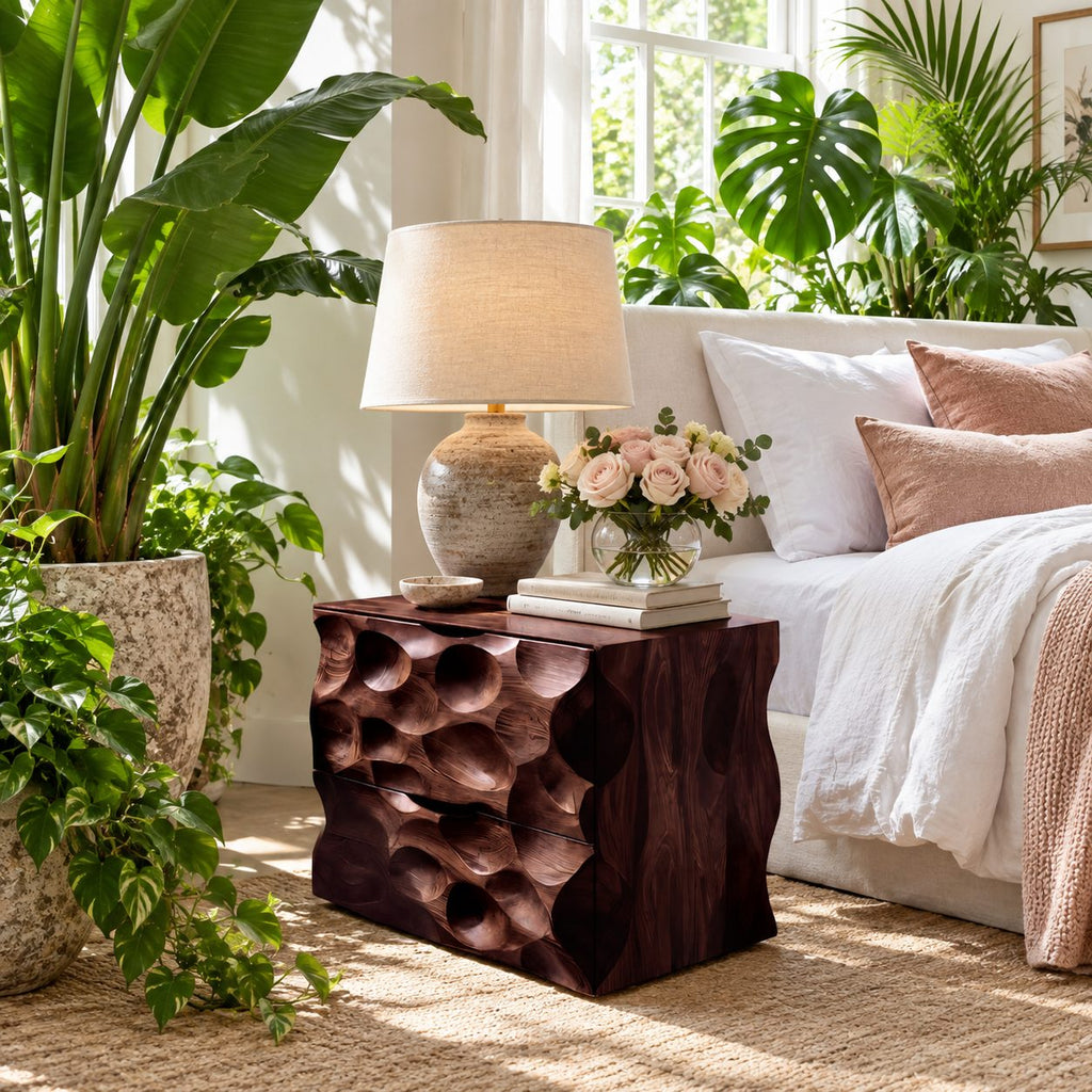Scooped Carved Nightstand with Two Drawers, Dimpled Texture Solid Wood Bedside Chest