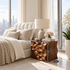 Scooped Carved Nightstand with Two Drawers, Dimpled Texture Solid Wood Bedside Chest
