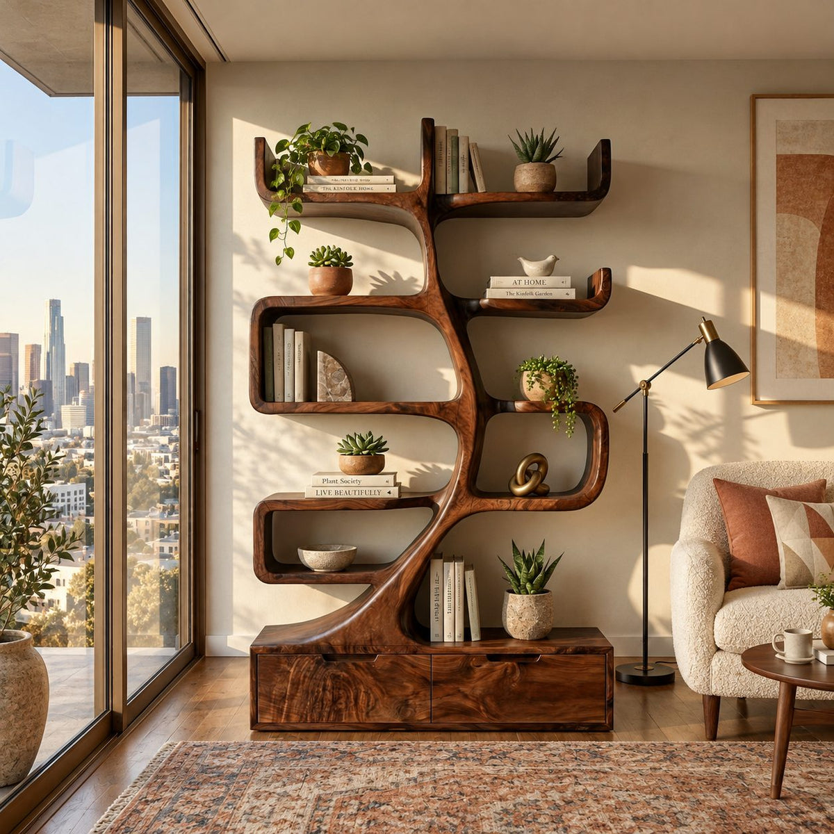 Tree Bookshelf with Drawer Base, Curving Trunk Bookcase with Curled Shelves for Living Room