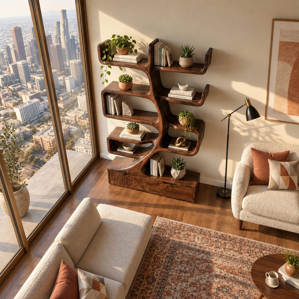 Tree Bookshelf with Drawer Base, Curving Trunk Bookcase with Curled Shelves for Living Room
